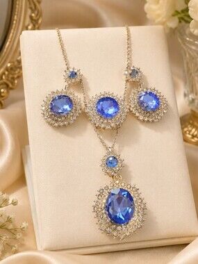 Royal Blue Saphire Simulant Necklace  Earring And Ring Set Platinum Plated Base